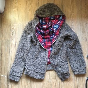 *SOLD* Brown Fuzzy Jacket w/ Red Plaid Lining